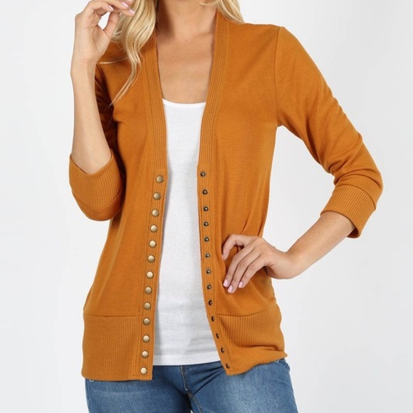 Sweaters - Mustard Plus Snap 3/4 Sleeve Cardigan